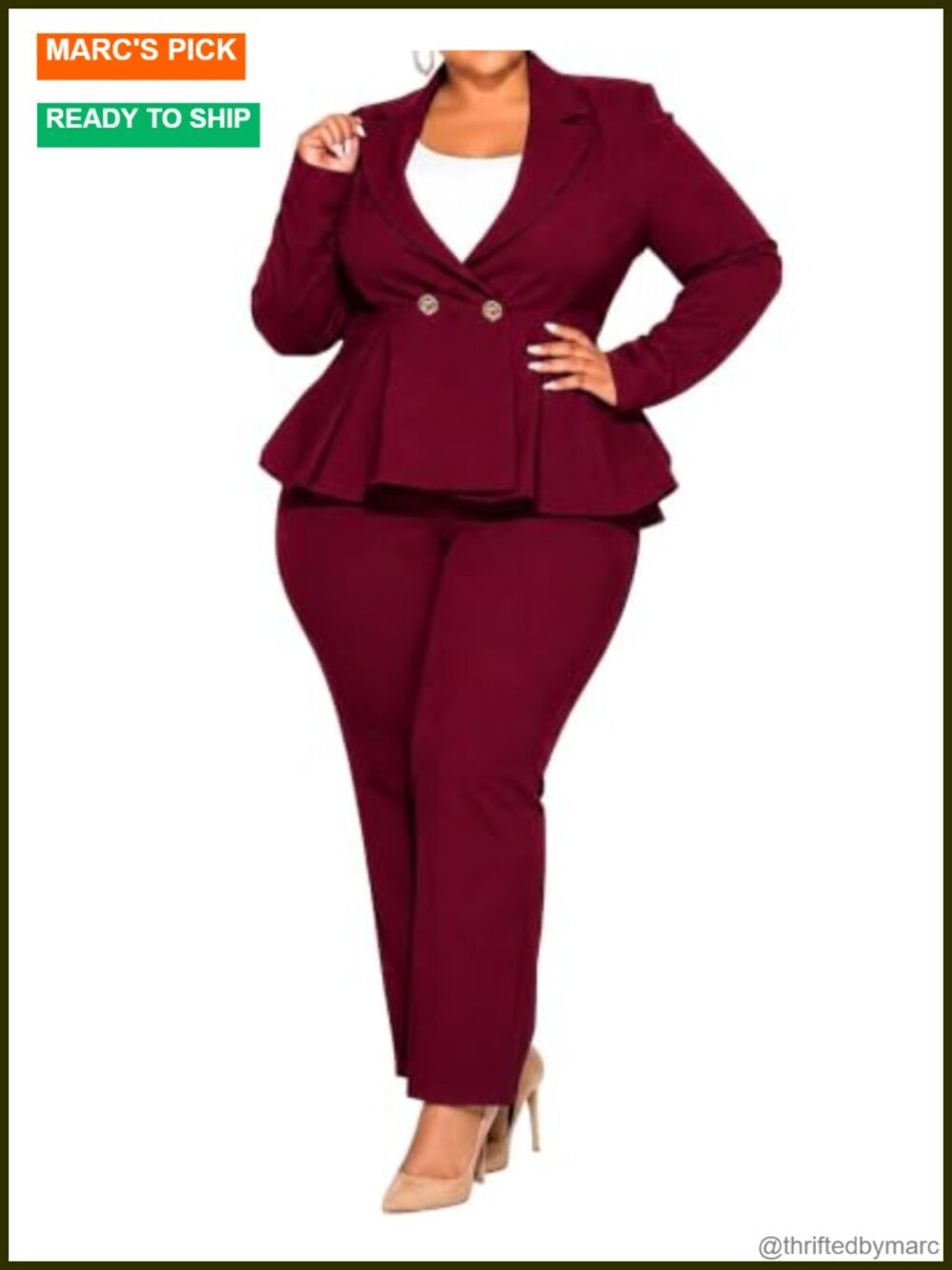 Plus Size 2 Piece Peplum Pantsuit Two Piece Work Outfit Set Long Sleeve Blazer